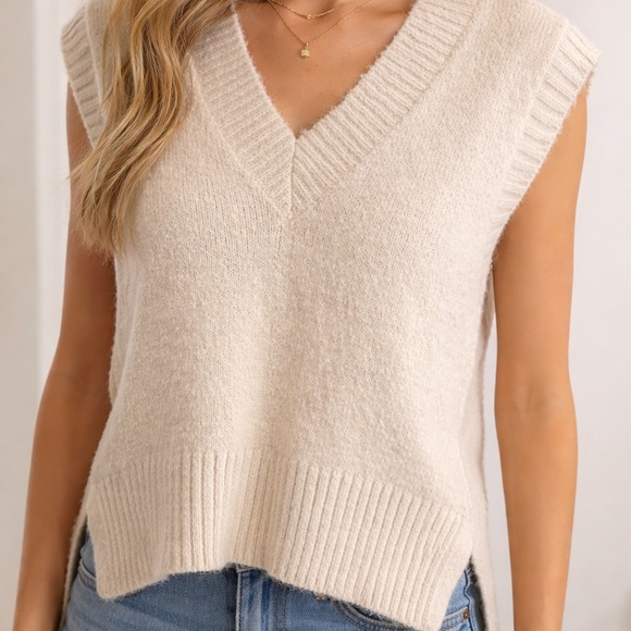 The Sandbar Boutique Tops - Cream V-Neck Sleeveless Knit Top - Women's Cozy Layering Vest